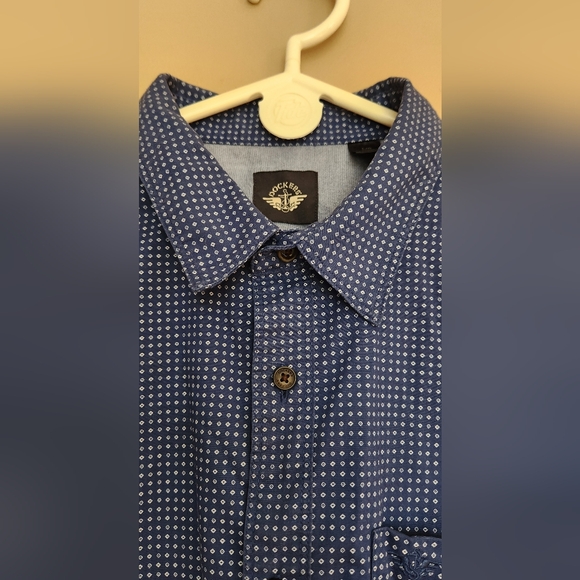 DOCKERS - Shirt L Blue White Geometric Button-up, 1 Pocket, Embroidered Logo - Picture 3 of 13